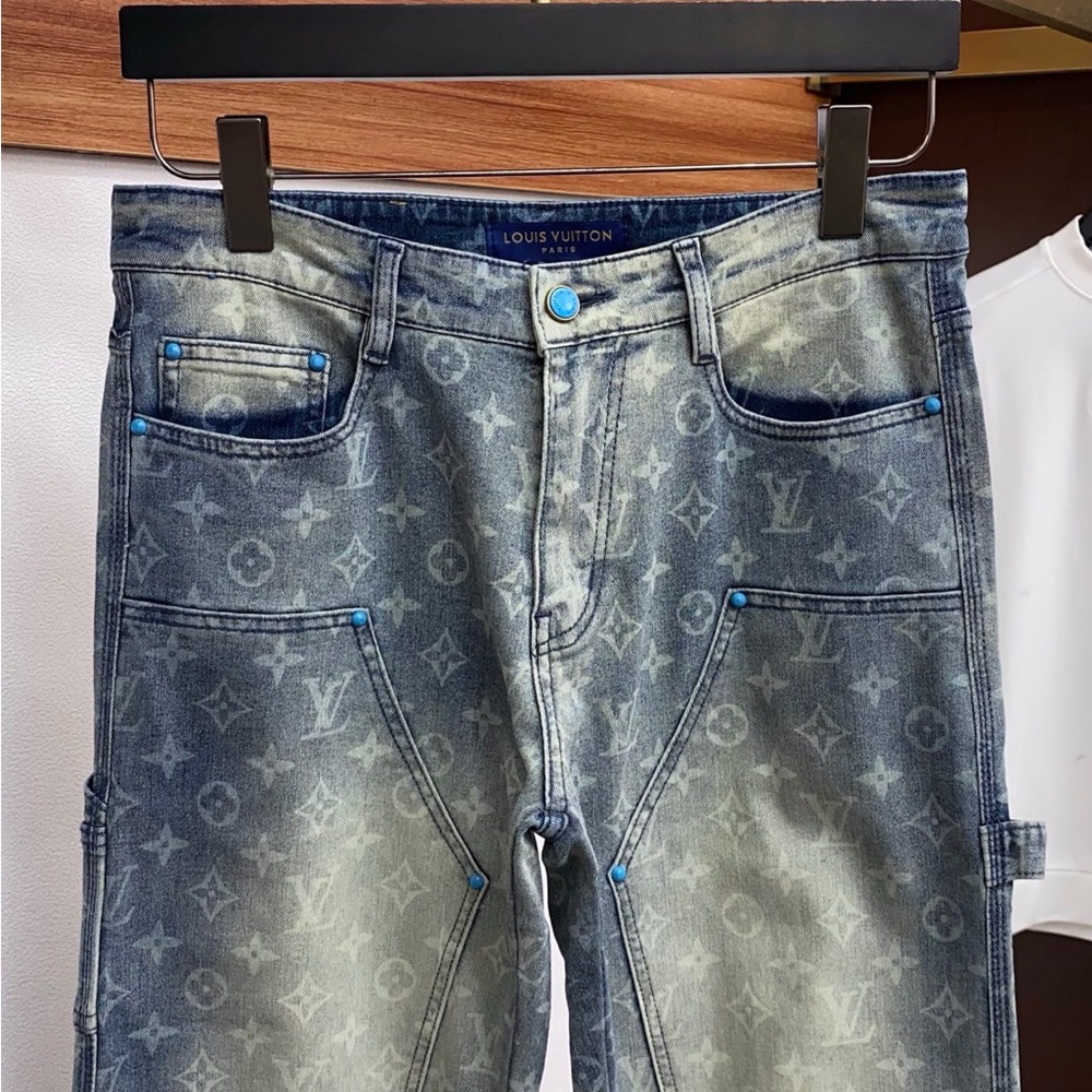 Louis Vuitton Blue Monogram Denim Jeans with Tan Patch - Picture 6 of 8